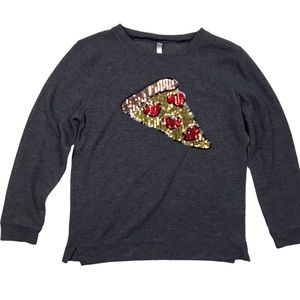 Sequin Heart Pizza Shirt Long Sleeve Gray Pullover